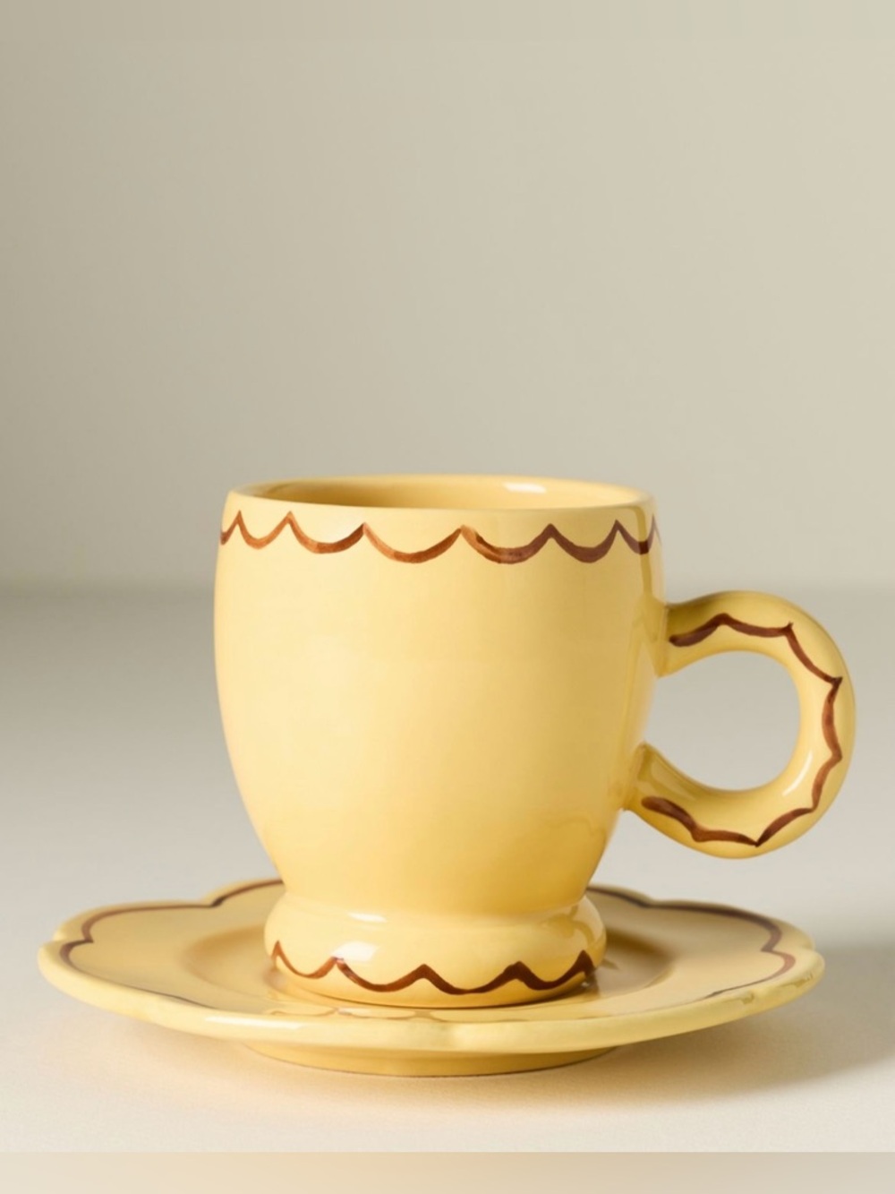 Anthropologie x Damson Madder Yellow Scalloped Stoneware Espresso Cup & Saucer